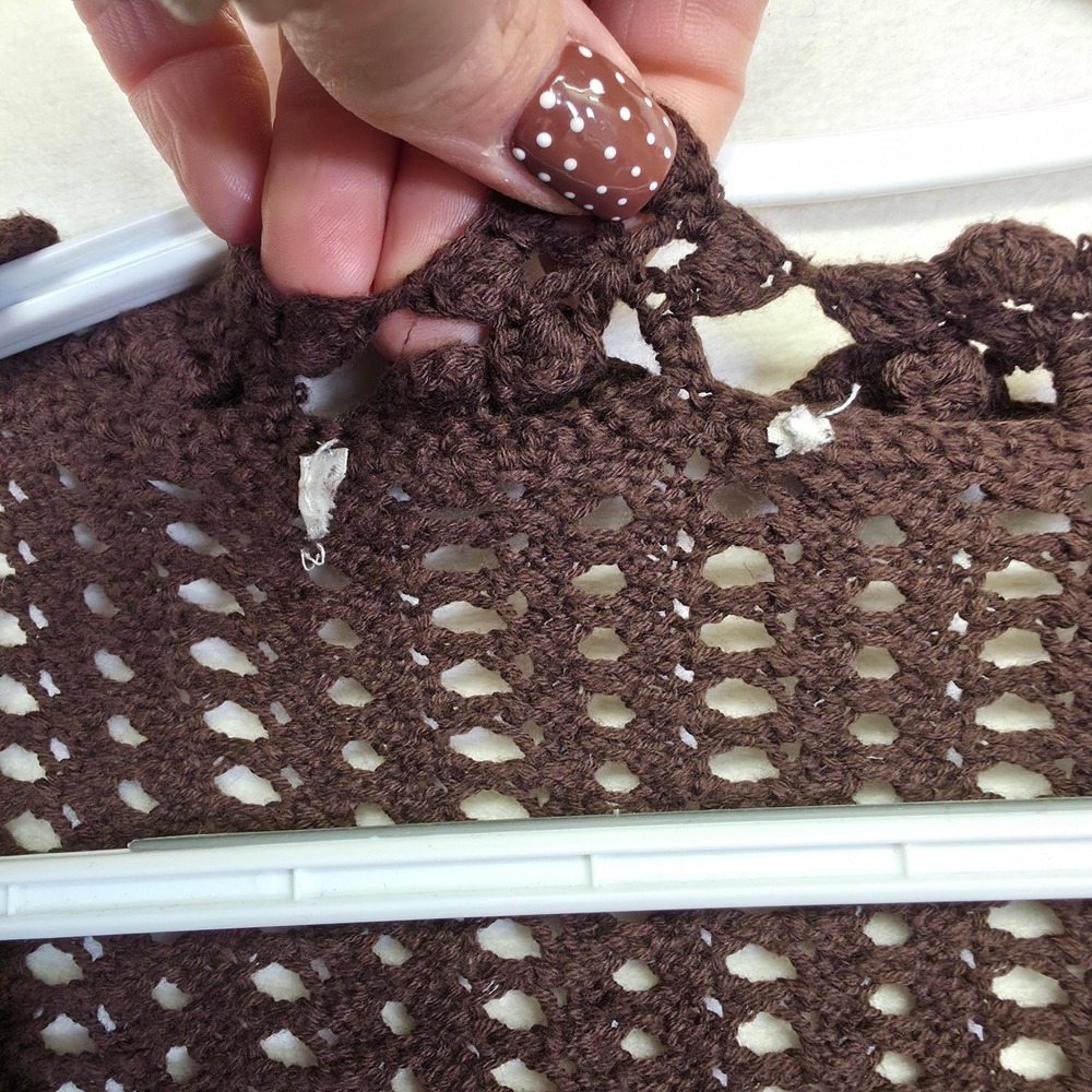 Crochet‎ Knit Cardigan Womens L Brown Open Ruffle Ribbed Layering Lounge Sweater - Picture 9 of 15